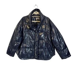 Light Before Dark Puffer Jacket Women M Navy Blue Vegan Leather Wet Look Outdoor